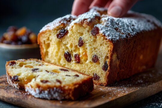 Swiss Three Kings Cake slice reveals a fluffy golden interior dotted with sweet raisins