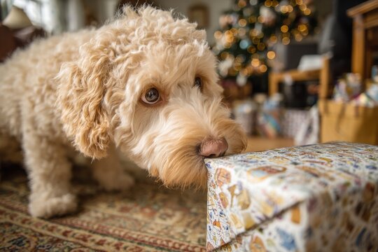 A curious dog sniffs a pet Advent calendar in soft natural light