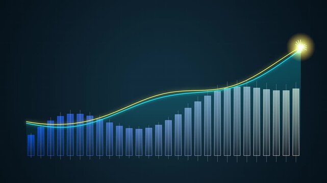 Financial growth chart with rising candlestick bars and glowing trend lines for stock market analysis and economic success