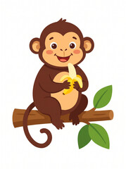 Cute cartoon monkey sitting on a branch eating a banana, colorful children's illustration on white background © Ansh