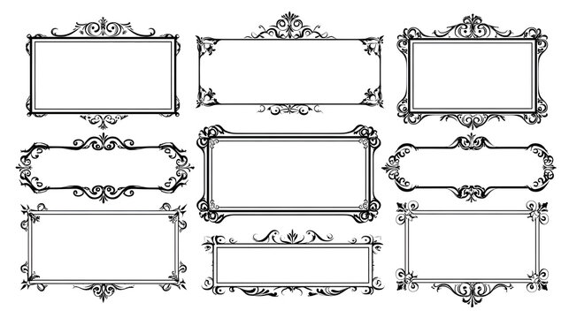 Vintage Ornamental Frames Set, Black Calligraphic Rectangular Borders, Filigree Dividers and Corners Vector for Certificate, Menu and Invitation Design Stock Vector