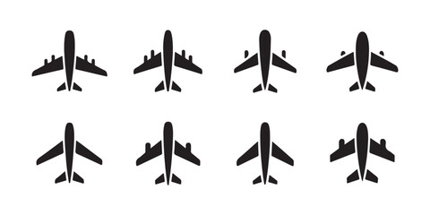 Collection of various black airplane silhouettes for aviation and travel themes on transparent background. © Raisa