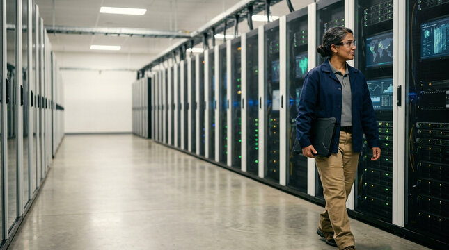 Woman technician walking confidently through a server room while holding a laptop checking data racks