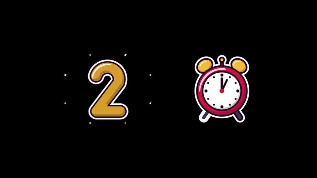 Animated new year countdown graphic with numbers and clock reaching midnight with confetti and stars