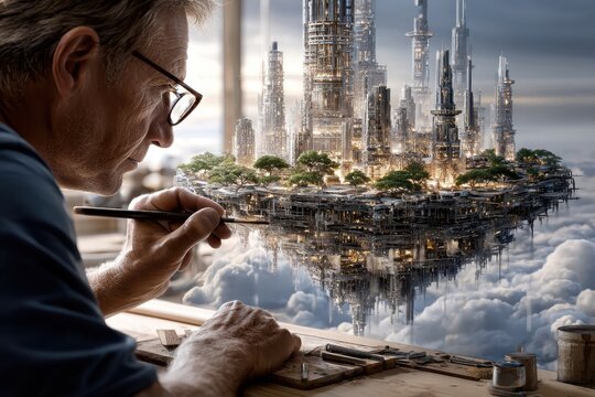 Creative artist designs a futuristic floating city in a dreamlike setting