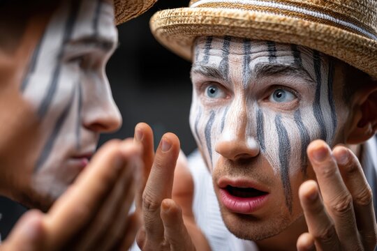 Performer checks makeup in mirror before going on stage for a dramatic presentation