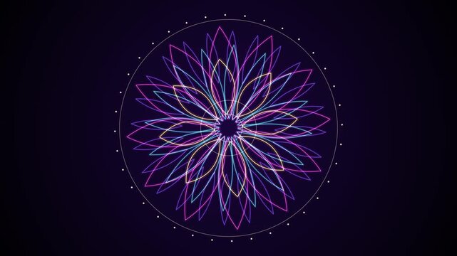 Glowing rotating mandala with symmetrical petals seamless loop, spiritual meditation and sacred geometry animation on dark background