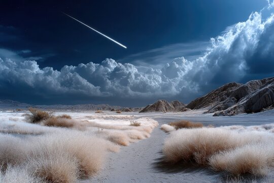 Desert Landscape with Shooting Star and Dramatic Clouds