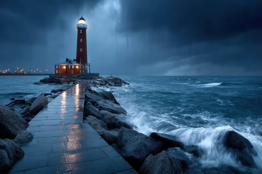 Stormy evening at the lighthouse by the rocky shore with crashing waves and dark skies