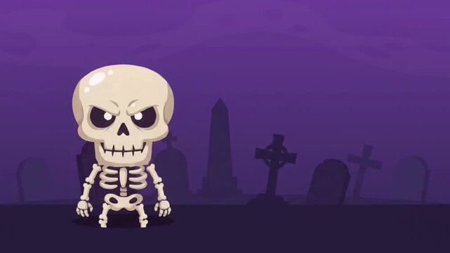 2D animated loop of two cute cartoon skeletons dancing in a purple graveyard, Halloween flat vector style
