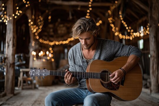 Musician playing acoustic guitar in rustic barn adorned with fairy lights