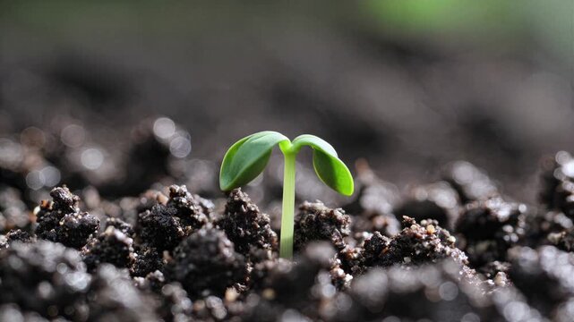 Close-up of seedling sprouting from dark soil