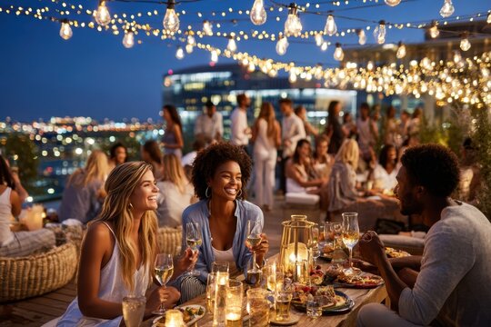 Relaxed evening gathering on a rooftop with friends, lights twinkling above