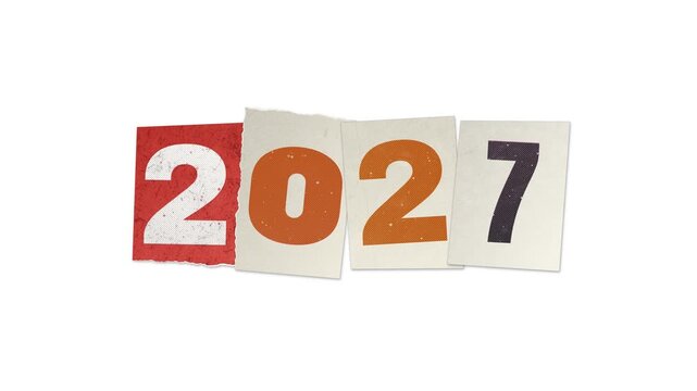 Happy new year 2027 typography, retro punk ransom note lettering. Mismatched numbers on torn magazine paper scraps