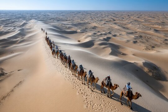 Camel Caravan Trekking Across Vast Desert Dunes