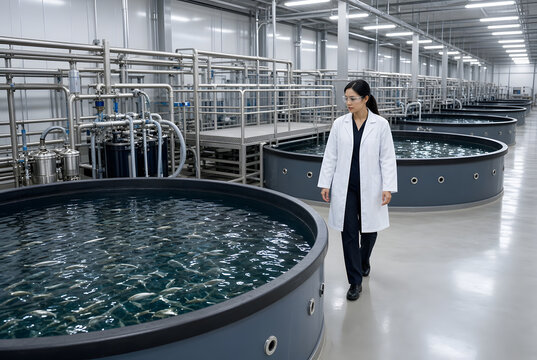 Asian female scientist walking through modern indoor recirculating aquaculture system facility with large circular tanks for sustainable protein production