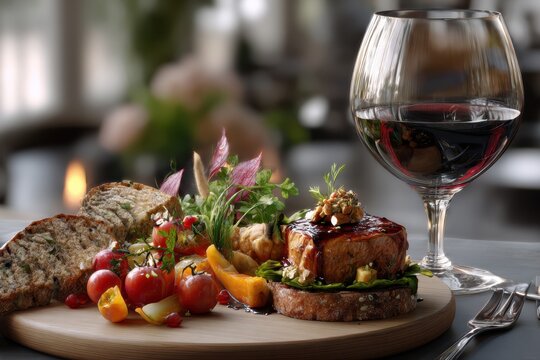 Elegant dining with gourmet dish and wine in upscale restaurant setting