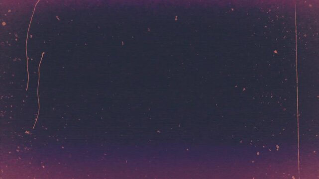 Vintage retro film burn texture overlay with scratches dust and noise displaying authentic analog projector gate weaving patterns in dark purple tones