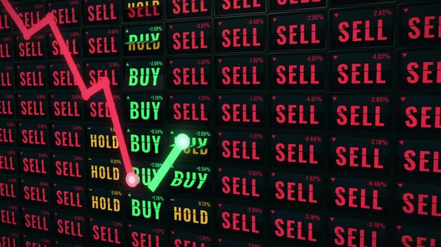 Market recovery chart, red downtrend reverses into green uptrend as sell signals flip to buy