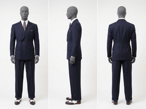 3-sided view of a full-body mannequin wearing a 1930s elegant double-breasted suit with wide peak lapels