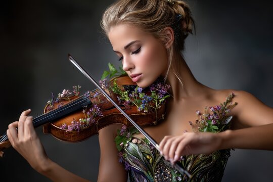 Violin player in floral dress performs a captivating melody in soft light setting