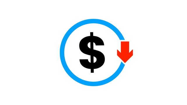 Money reduction icon on transparent background with alpha channel. Dollar currency price drop concept. Money reduction icon animation. circle with down arrow moving animation.