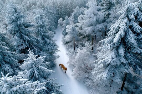 Red Fox Walking Through Snowy Forest Path