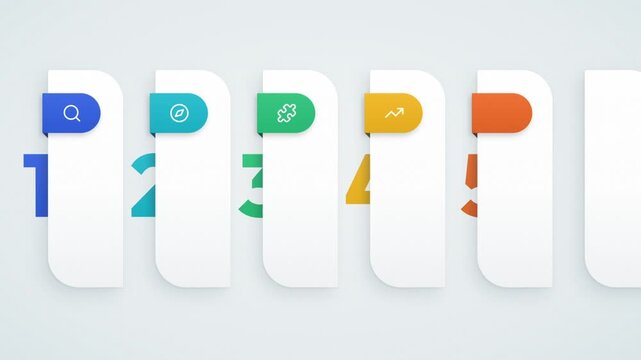Six step infographic template with numbered white cards and colorful icon tabs appearing one by one