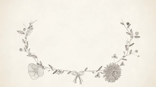 Hand-drawn floral wreath frame growing from a ribbon bow into an oval border with blank copy space