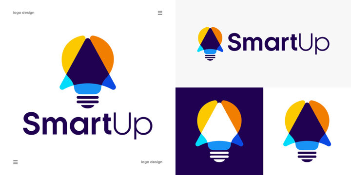 smart up logo design, light bulb rocket launch, creative business innovation, startup idea and technology growth concept, vector icon