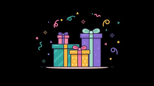 Four colorful gift boxes with ribbon bows popping one by one with squash and stretch bounce, floating confetti streamers and twinkling sparkles, isolated with alpha channel, flat vector loop