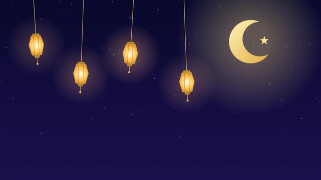Ramadan lanterns swaying under golden crescent moon and stars, seamless loop Islamic festive night background for Eid greetings