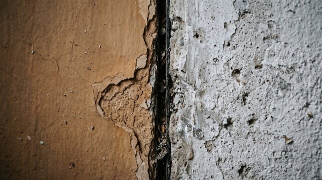 Close-up of a damaged and cracked concrete wall with peeling plaster and an industrial expansion joint[span_1](start_span)[span_1](end_span)
