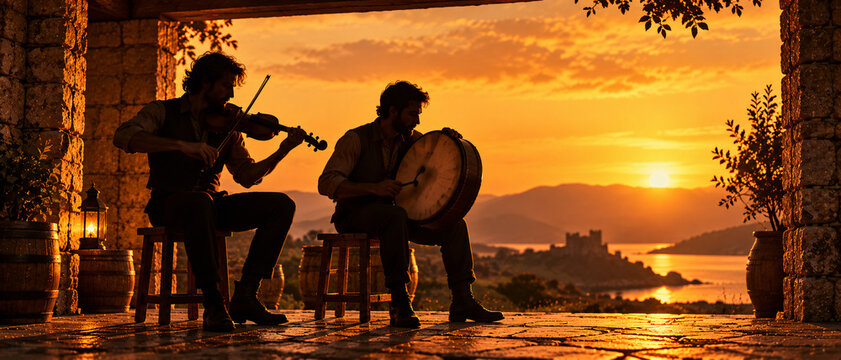 Fiddle and Bodhran Musicians in a Golden Sunset Courtyard
