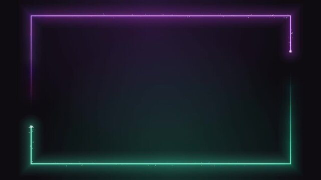 Neon glowing rectangle frame with purple and mint laser lines on black background, animated motion graphics loop