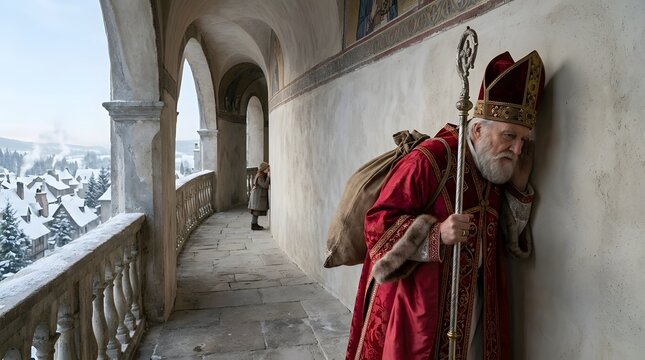 Saint Nicholas of Myra as the original Santa Claus, compassionate elderly bishop with flowing white beard and dignified paternal presence, wearing sumptuous crimson Byzantine vestments with antique-go