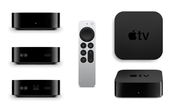 Photorealistic detailed Apple TV 4K 2026 with Siri Remote 3rd generation mockup. Real dimensions. Top, front and back views isolated on white background. Vector editorial illustration