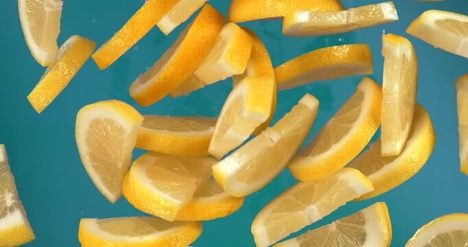 Lemon slices falling in slow motion 1000 fps on blue background