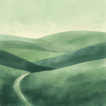 Emerald-green watercolor illustration of gentle rolling hills dissolving into low mist, a single winding path leading through soft cinematic negative space, muted moody washes with granulation and col