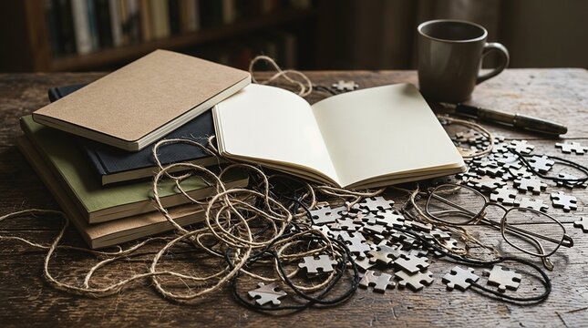 Top view of messy desk with books, tangled string, and unorganized puzzle pieces	