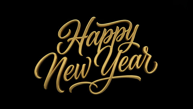Golden lettering reading happy new year rendered in three dimensions featuring metallic reflective typography isolated against a solid black background for holiday celebration greeting card designs an