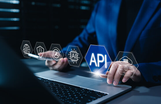 API application programming interface concept. Person interacts with API icon, representing application programming interface integration, data access, automation, and system connectivity. API Key,