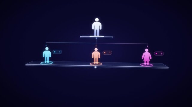 Organizational chart hierarchy building tier by tier as glowing holographic people icons appear
