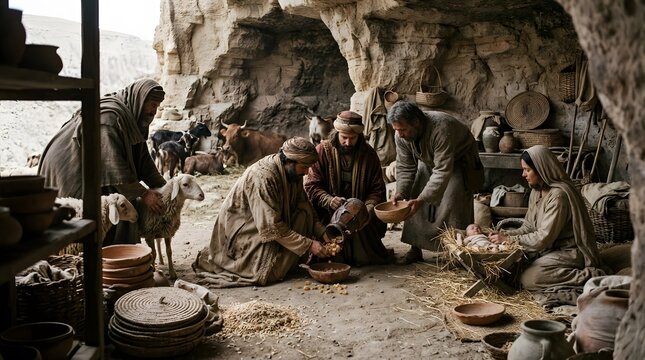 An image of the Three Kings offering gifts to the Infant Jesus in a cave after one foreign traveler becomes momentarily fascinated by the distinctive fleece of a local sheep, gently examining the text