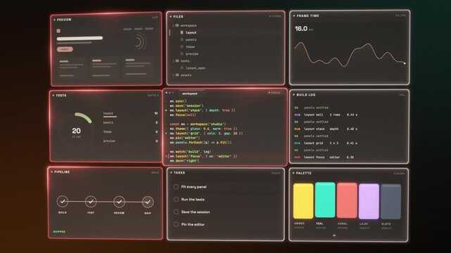 Code editor UI with glass panels rearranging between stack, grid, focus and wall layouts, seamless loop
