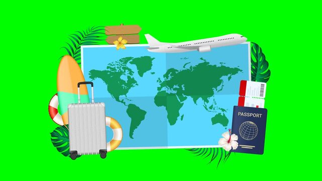 Travel and vacation animation with world map background, airplane, suitcase, surfboard, and passport on green screen   