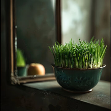 Moody close-up of wheat grass sprouts in a handmade ceramic dish, low spring window light and soft directional shadows, a mirror with muted reflection and a single apple fading into background blur, c