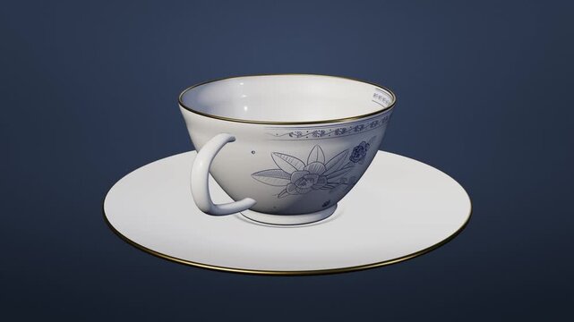 Porcelain teacup and saucer rotating as a blue and white floral pattern appears on the plain surface
