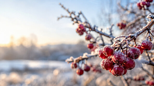Frosted red berries winter banner for seasonal greeting cards