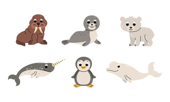 Cute cartoon Arctic animals collection featuring walrus, fur seal, penguin, polar bear, narwhal, and beluga whale. Perfect for children&rsquo;s books, educational materials, nursery decor, stickers